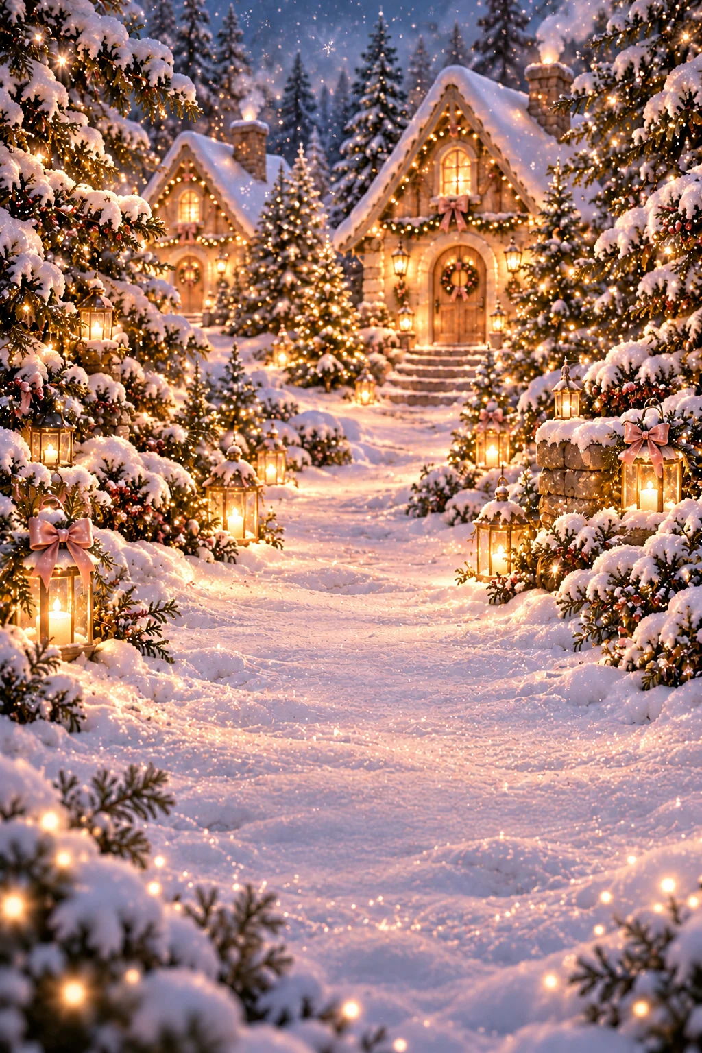 A snowy winter village with warm lanterns and pink bows.